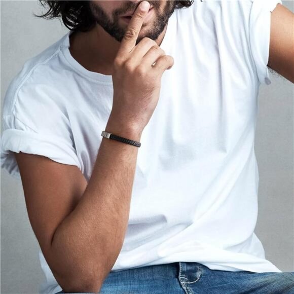 Mens Leather Bracelet Adjustable Magnetic Clasp Black Genuine Leather Gift for H - Picture 2 of 7